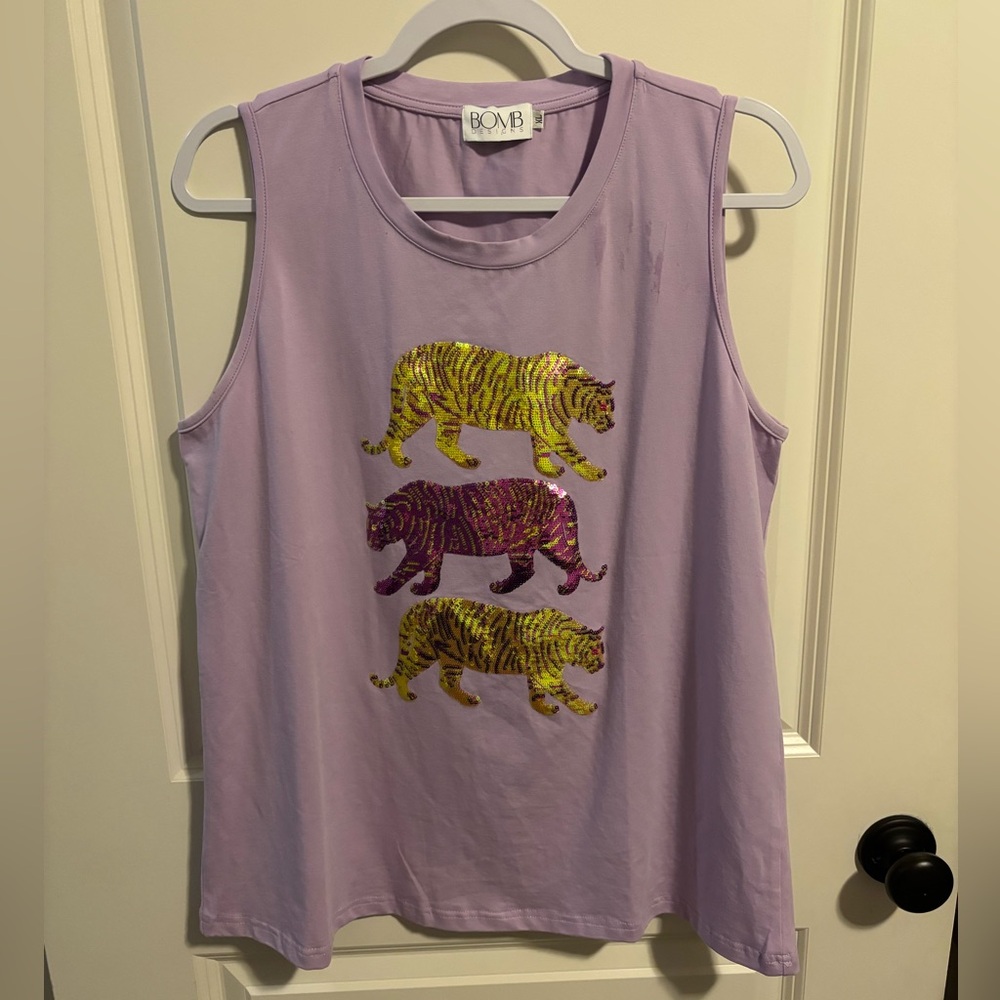 Boutique Purple Tank Top with Sequin Tigers LSU Game wear Sleeveless Blouse Gold